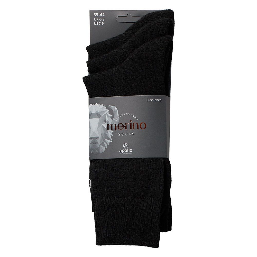 Apollo Merinowollen Sokken Badstof Zool 3-pack Zwart